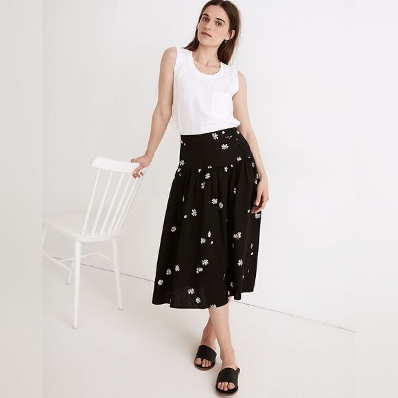 Madewell Linen-Blend Midi Skirt Daisies 2 EUC Fairycore Cottagecore Whimsigoth - Picture 1 of 12